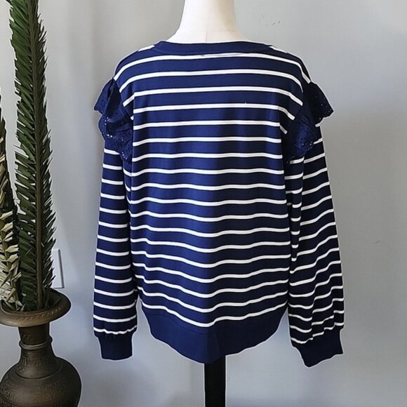 J. Crew Factory Navy and Antique White Striped Eyelet Ruffle Trim Sweatshirt NWT - Picture 3 of 12